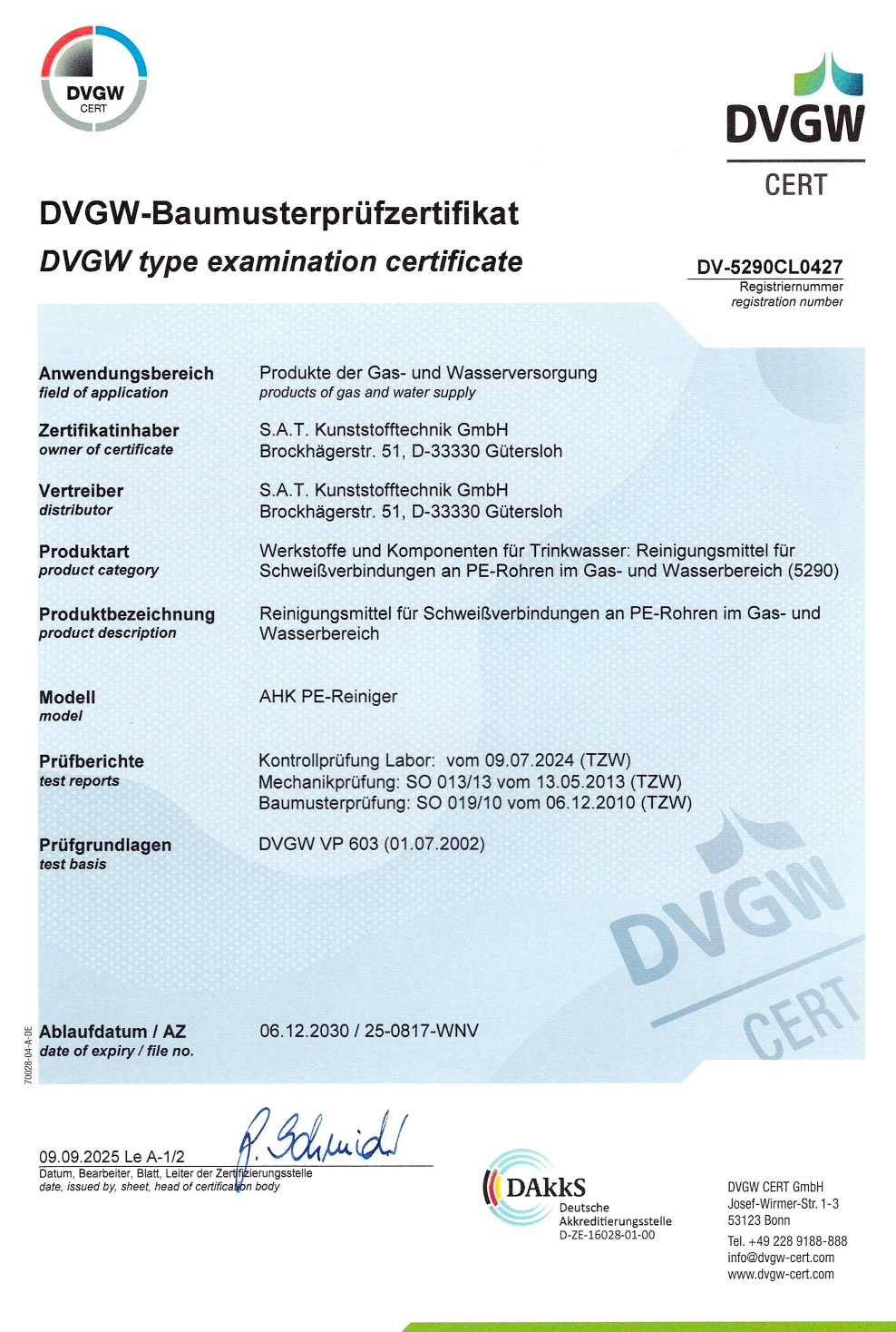 PE-Reiniger 0,75L in Sicherheitsflasche, geprüft nach DVGW