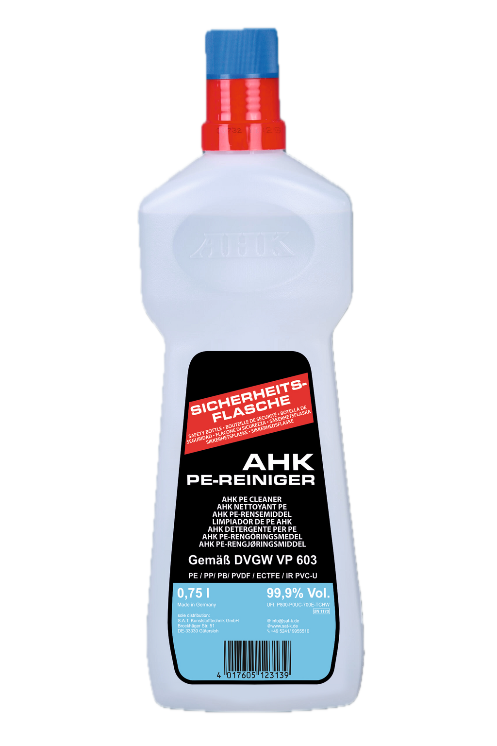 PE-Reiniger 0,75L in Sicherheitsflasche, geprüft nach DVGW