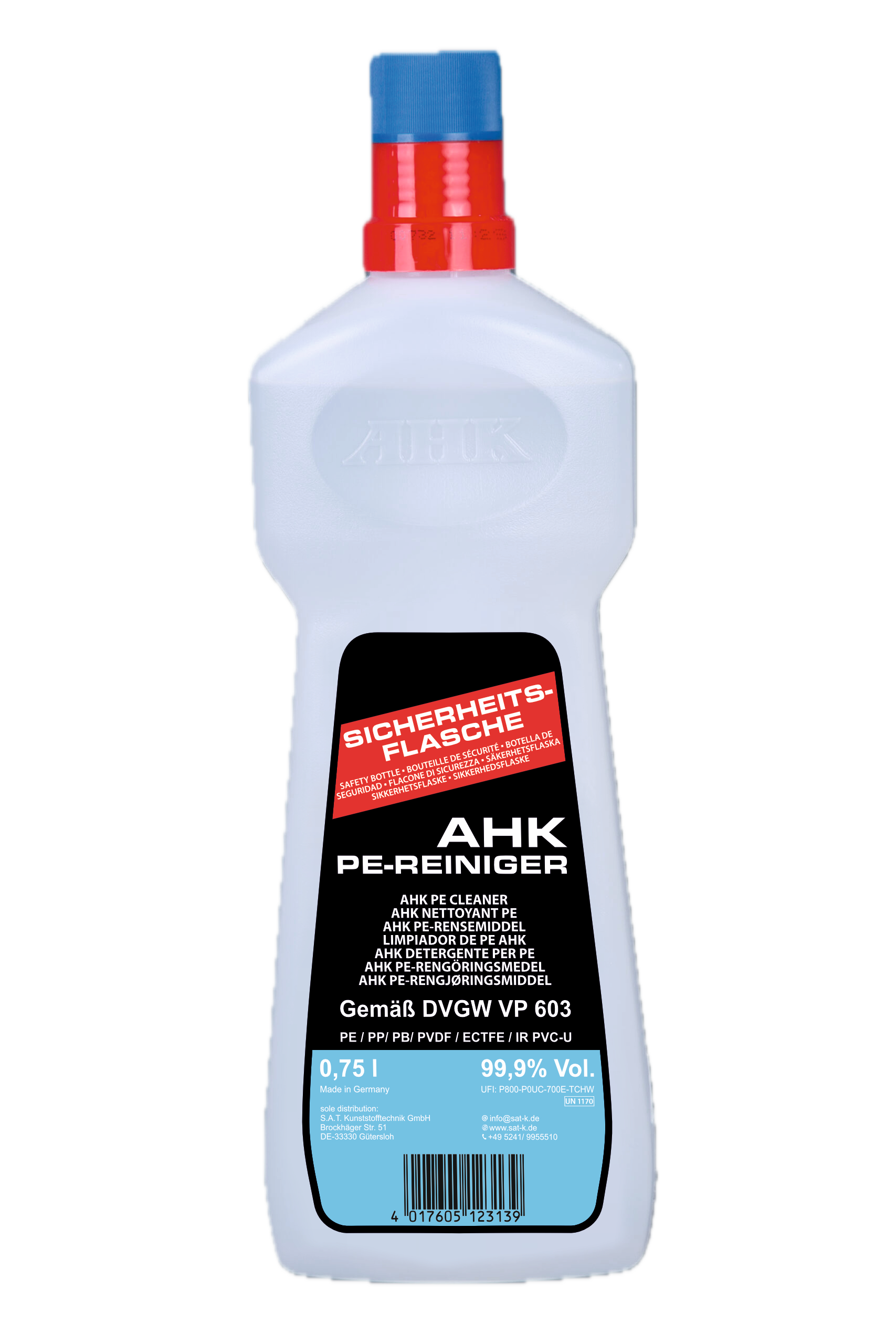 PE-Reiniger 0,75L in Sicherheitsflasche, geprüft nach DVGW