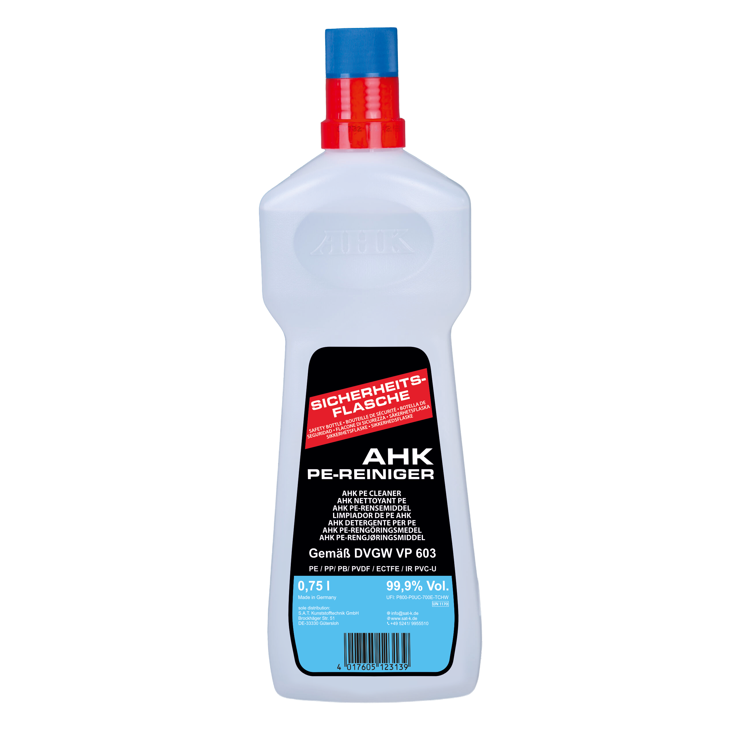 PE-Reiniger 0,75L in Sicherheitsflasche, geprüft nach DVGW