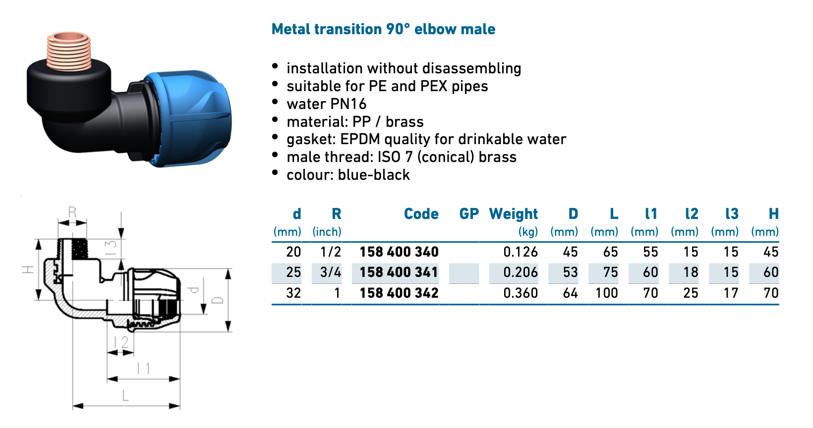 iJOINT metal transition elbow 90° threaded male - Compression Fitting